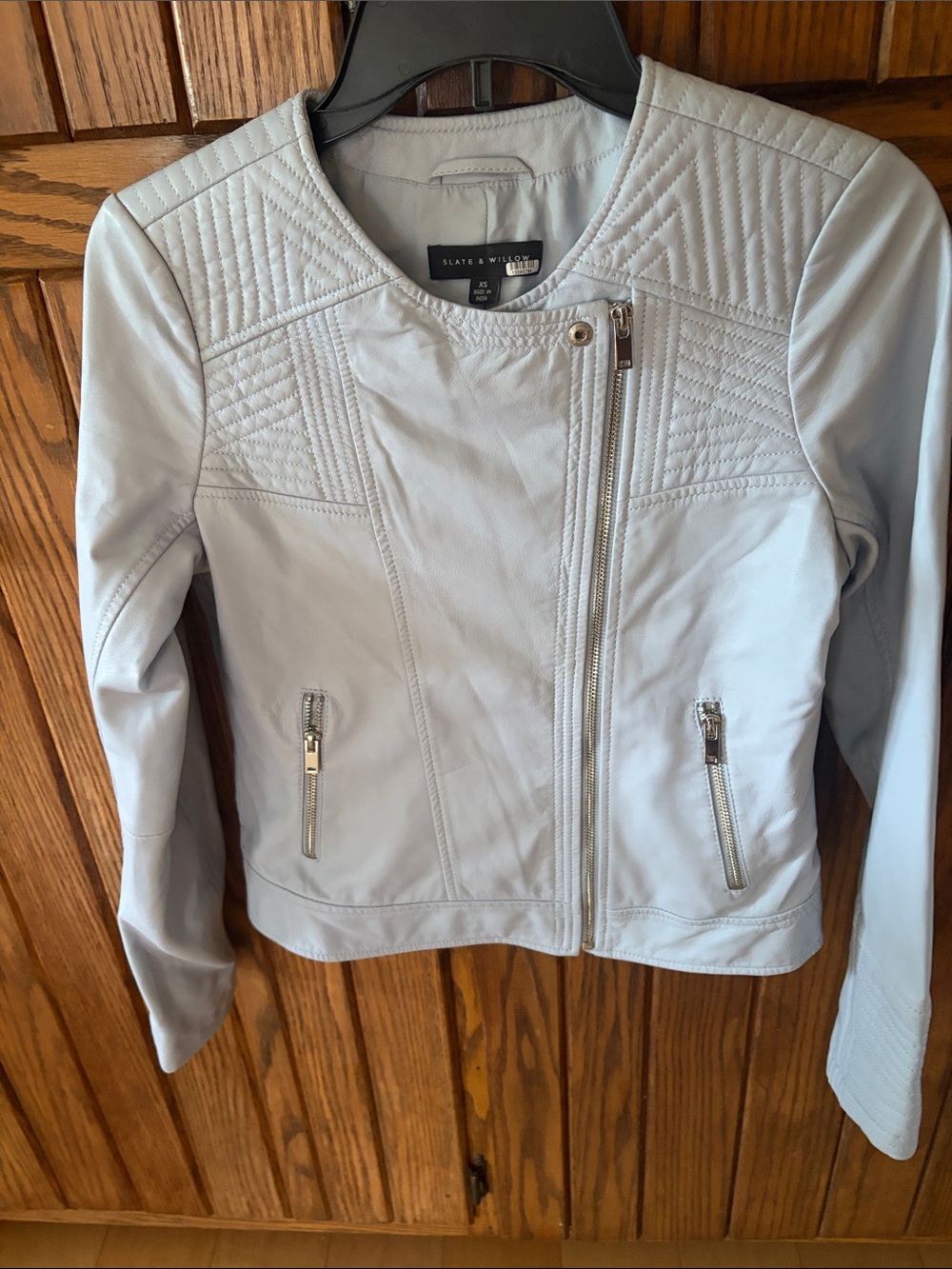 Slate & Willow Pale Blue Quilted Leather Moto Jacket size XSmall